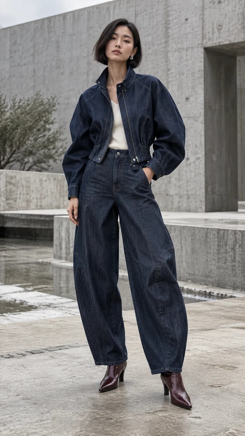 Model wearing cropped jacket, barrel jeans