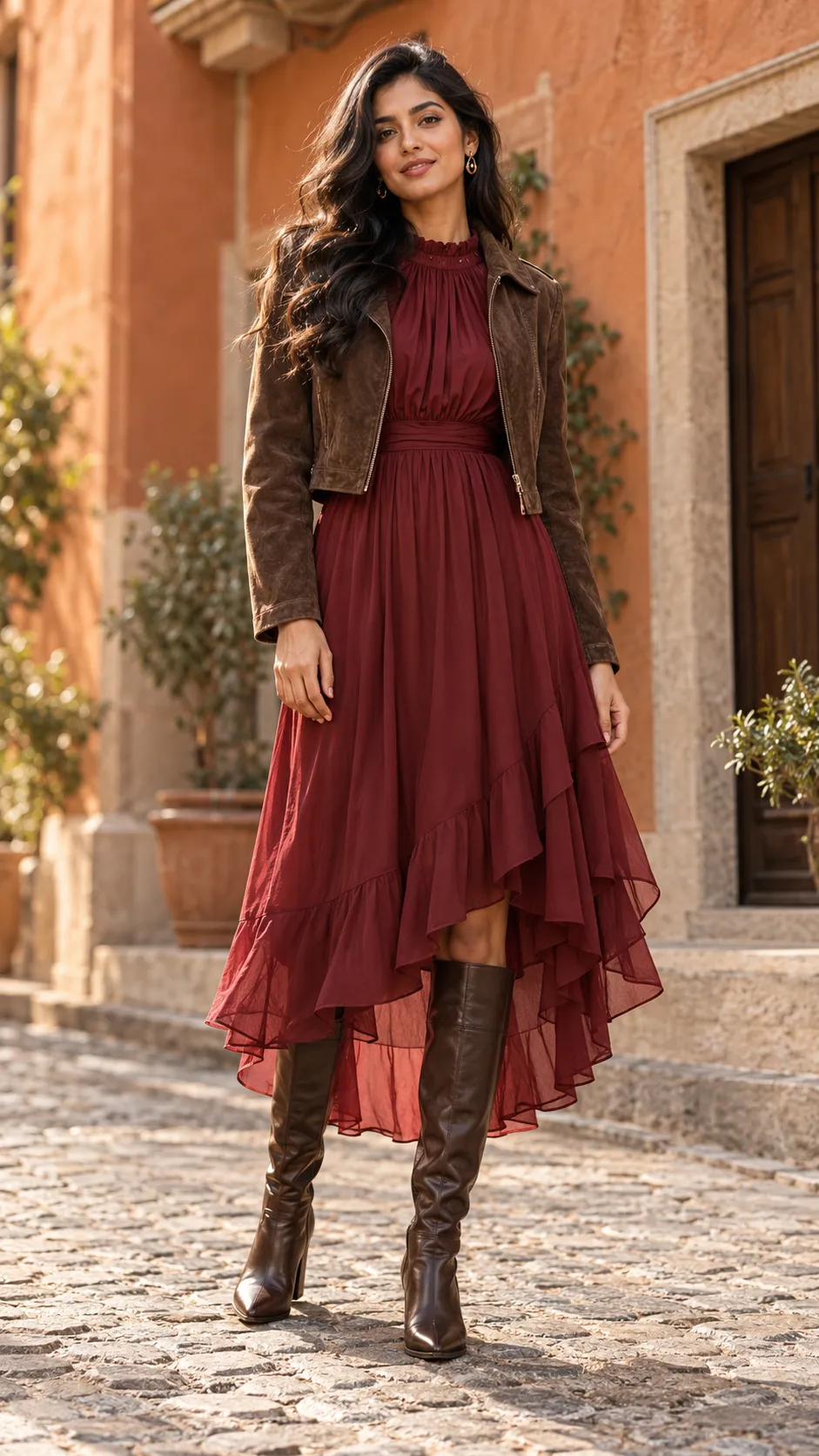 Model wearing tiered dress, suede jacket
