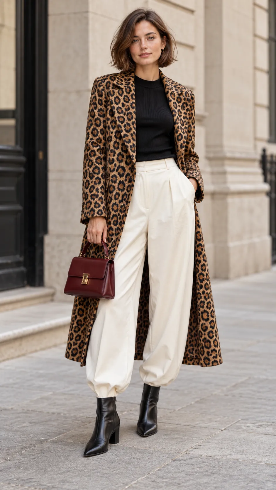 Model wearing longline coat, cream trousers
