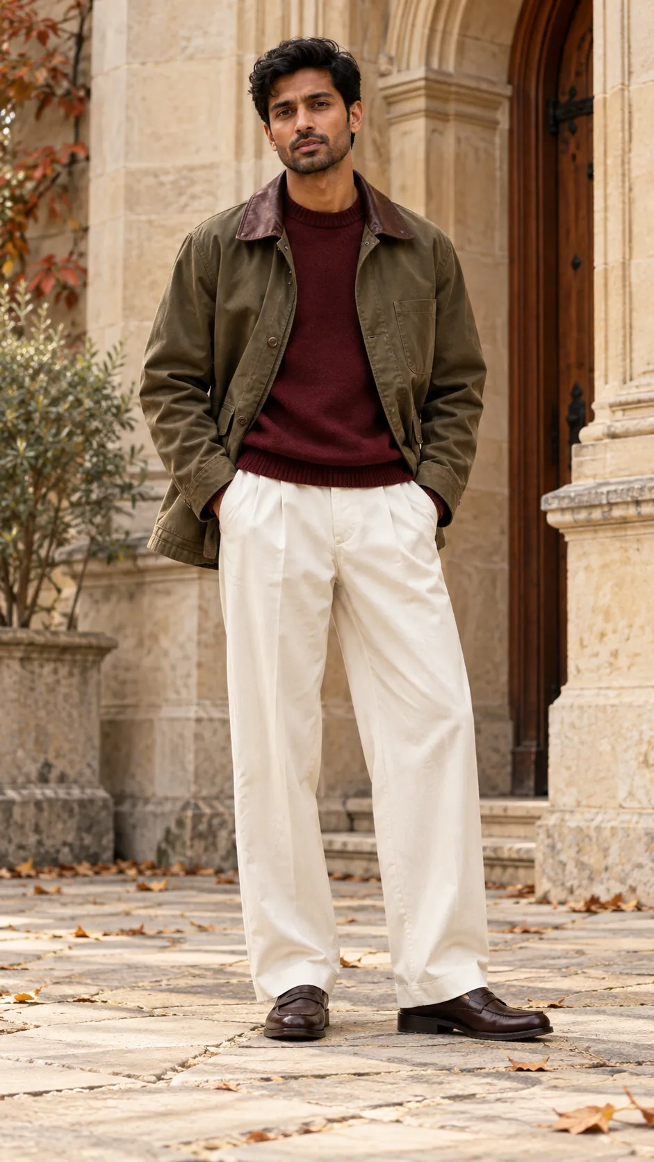 Model wearing field jacket, pleated trousers
